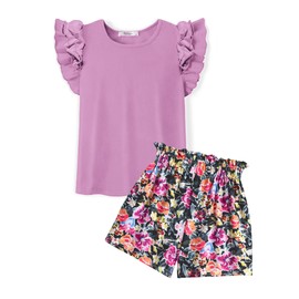 Arshiner Girls' Short Sets Kids Clothes Ruffle Trim T-Shirts and Print Paper Bag Shorts 2 Piece Summer Outfits,Purple