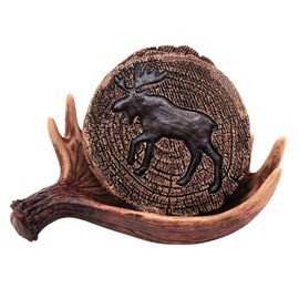 Rustic Moose Coaster Set with Antler Holder - 3.25-Inch Bar Décor, Set of 4