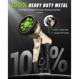 RAINPOINT Garden Hose Nozzle, Hose Sprayer Nozzle with 9 Spray Patterns, High Pressure Water Hose Nozzle Heavy Duty Metal Hand Sprayer, Watering Plants and Lawn, Car Washing, Pet Showering,Green