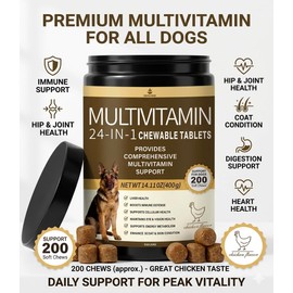 All-in-One Dog Multivitamin Chews 200 Count, Glucosamine Chondroitin Omega 3 Salmon Oil Probiotics, Joint Gut Immune Skin Coat Support, Chicken Flavor