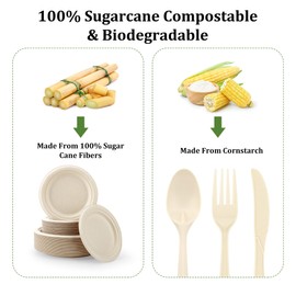 FEHHTO Compostable Paper Plates Set, 250PCS Disposable Heavy-Duty Sugarcane Plate and Eco-Friendly Utensil Biodegradable Dinnerware Plates, Extra Long Forks & Knives & Spoons for Party | FEHHTO