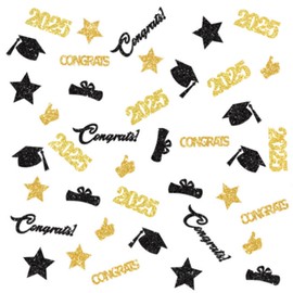 100Pcs 2025 Graduation Party Confetti, Gold Black Glitter Graduation Confetti Congrats Diploma Grad Cap Star for 2025 Graduate Party Decorations Supplies (Gold)