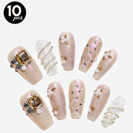 GLAMERMAID 10 Pcs 3D Luxury Handmade Press on Nails Long Conffin, Chrome Pink Acrylic Fake Nails with Rhinestones Charms Chains Design, Pearl False Nails Stick Glue on Nail, Manicure Kit for Women L