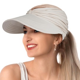 Sun Visor Hats, Wide Brim Sun Hats for Women, UPF 50+ UV Protection Visors for Women, Foldable Packable Ponytail Beach Summer Visor Hat for Sports, Tennis, Golf, Running Khaki-Beige
