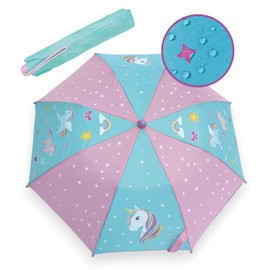 HECKBO Magic Umbrella Unicorn - changes color in the rain - folding umbrella: fits into any backpack - with reflectors on all sides - wooden handle & protective caps - protective case for storage