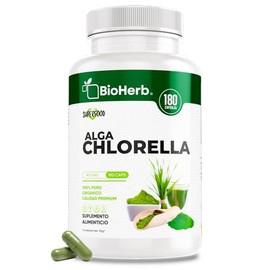 BioHerb® | Alga Chlorella Orgánica 100% Pura – Superfood Natural con 180 Cápsulas de 500 mg (Suministro Para 90 Días) Alta Concentración de Clorofila,