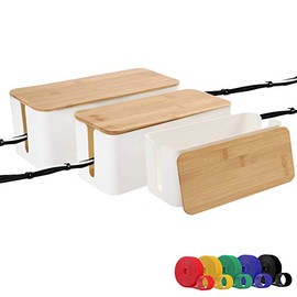 [Set of Three] Cable Management Box Organizer, Bamboo Lid Large Storage Wires Holder for Home, Desk, Kitchen, TV, Computer - Ideal to Cover Hide Tidy Surge Protector & Power Strips & Cords (White)