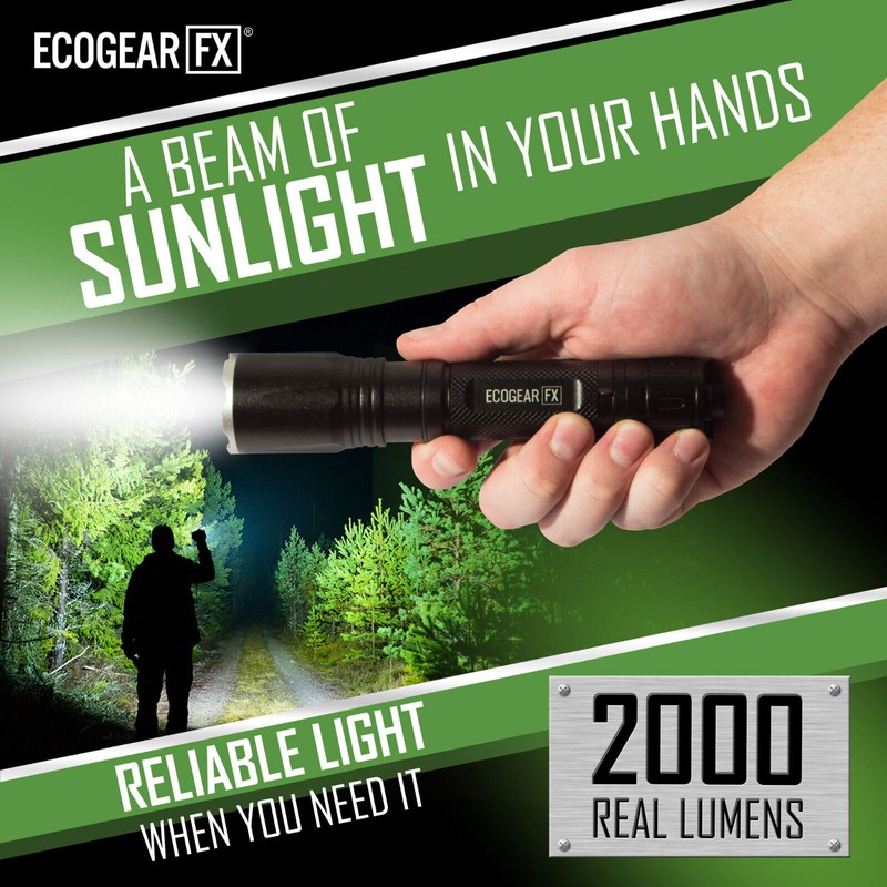 EcoGear FX USB Rechargeable LED Tactical Flashligh Bright 2000 Lumens