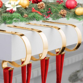 ZYSUN Christmas Stocking Holder,4 Pack Stocking Holders for Mantle,Non-Slip Stocking Holders for Christmas Decorations,Lightweight Stocking Hangers for Mantel Fireplace with Adjustable Design,Gold