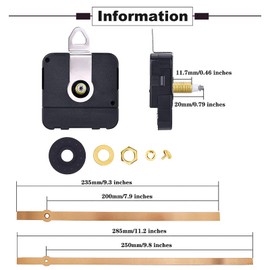 RVSWIHFA High Torque Long Shaft Clock Movement Mechanism with Long Straight Hands 250 mm/ 9.8 Inches (Gold)