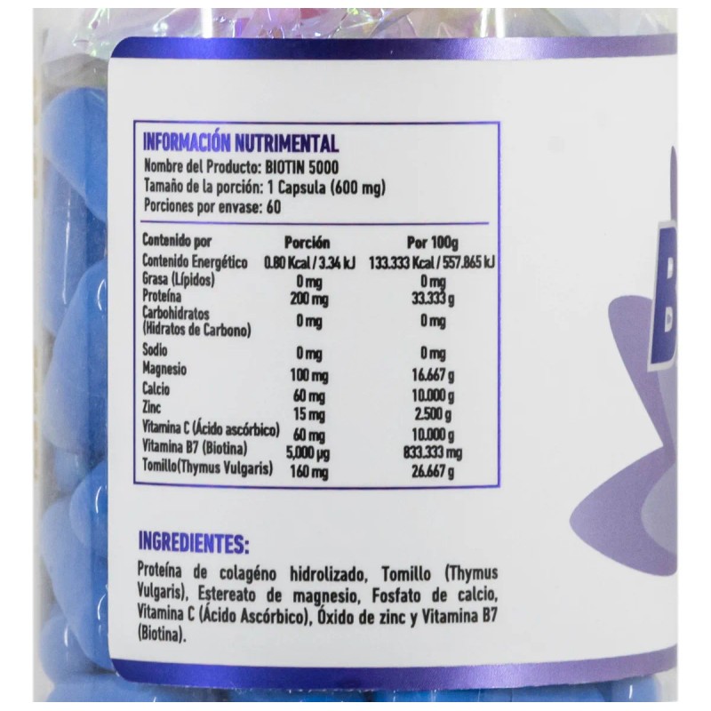 Biotina 5000 60 Cápsulas biotina Bariatrica sin sabor Protgt