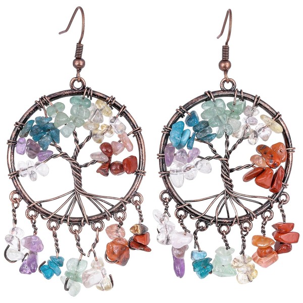 SUNIK 7 Chakra Stone Dangle Drop Earrings for Women, Wire