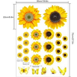Large Sunflower Wall Stickers - 39 Pieces Sunflower Daisy Stickers for Wall, 3D Butterfly, Bathroom, Nursery Decoration, Removable Yellow Flowers, Bedroom