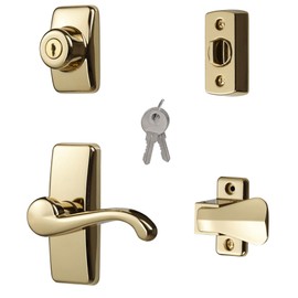 Ideal Security GL Door Lever Set with Keyed Deadbolt Lock for Storm and Screen Doors, Bright Brass (4-Piece Set)