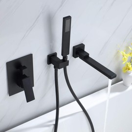 DEOLER Wall Mounted Bathtub Faucet with Hand Shower Solid Brass Wall Mount Tub Filler Faucet Swivel Bathroom Tub Spout, Matte Black
