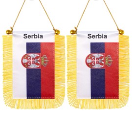 CANTENDO 2 Pack Serbia Window Hanging Flag,Mini Serbian Car Flag with Pole Tassel Suction Cup Rearview Mirror Decoration(3x5 Inch)