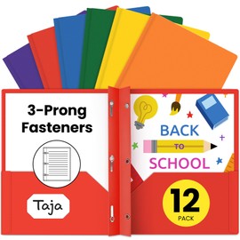 Taja Vibrant Plastic Folders with Pockets and Prongs, 12 Pack, Bright Color 2 Pocket Folders with Business Card Slot, Poly Folders for School and Office, Letter Size