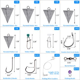 AGOOL Saltwater Surf Fishing Tackle Kit - 130pcs Surf Fishing Rigs Fish Finder Rig Live Bait Rigs Fishing Wire Leaders Pyramid Sinker Weights Sinker Slider Fishing Hooks Saltwater Fishing Accessories