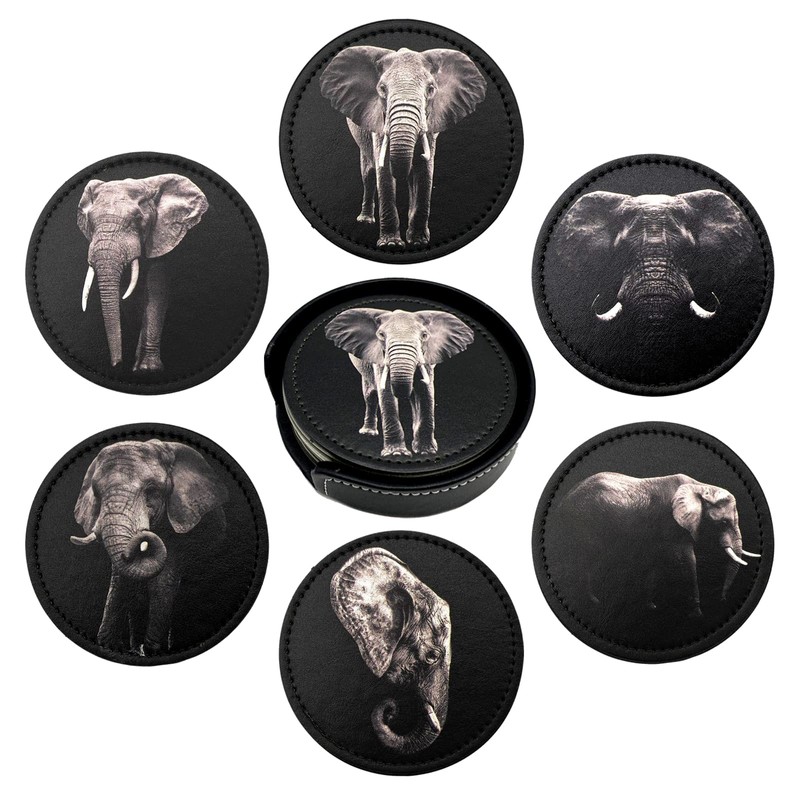 Elephant Coasters for Drinks with Holder Leather Coasters Set of