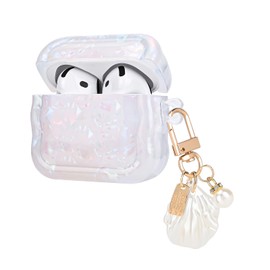 DiyGody Case Compatible for Airpods 4 Generation (2024) with Pendant, Protective Cover with Sparkling Pearl Shell Design for Girls Women, Shockproof Anti-scratches Anti-slip TPU Case, Glittery White