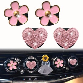 4 Pcs Pink Heart & Flower Pandent Air Vent Clips,Bling Heart and Flower Air Fresheners Vents Clips Diamond Car Interior Decor Bling Cute Car Accessories Decoration for Women+ Sunflower Mask Hook