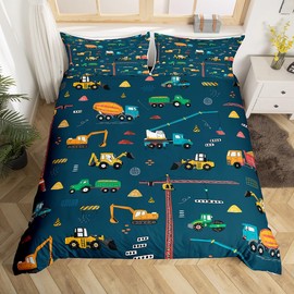 Boys Cartoon Cars Bedding Set for Girls Kids Construction Vehicles Comforter Cover Decorative Heavy Machinery Truck Duvet Cover Construction Site Bed Set Full Size 3Pcs Bedclothes (No Comforter)
