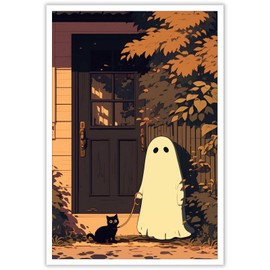 noskisy - Pósteres de fantasma de anime retro, divertidos góticos oscuros, arte de pared de la academia no hay un fantasma en la puerta, con impresiones de gato negro, para decoración de pared del