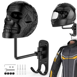 PAHTTO Skull Motorcycle Helmet Holder, Helmet Rack Wall Mount 180°Rotation, Metal Crafts, Skull Shape Helmet Stand with Double Hook for Football/Bicycle Helmet, Hat, Cap, Coat, Motorcycle Accessories