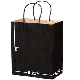 [50 Bags] 6.25 X 3.5 X 8 Kraft Paper Gift Bags with Handles Bulks. Ideal for Shopping, Packaging, Retail, Party, Craft, Gifts, Wedding, Recycled, Business, Goody and Merchandise Bag (Black)