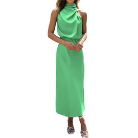 BTFBM Women Sleeveless Cocktail Dresses Fall Mock Neck Keyhole Elastic High Waist Evening Party Maxi Wedding Guest Dress(Grass Green, Medium)