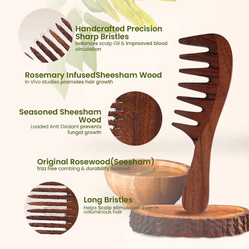 Indian Rosewood Wide Tooth Hair Comb with Curved Handle –