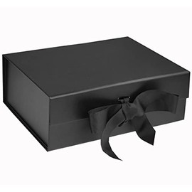 WeforU Gift Box Magnetic Flat Pack with Ribbon for Weddings Birthday Bridesmaid Proposal and Baby Bridal Shower Valentine's Present Gifts (9.05x 6.69x 2.75 inch) (Black)