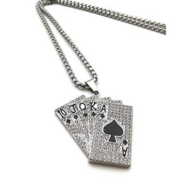 Crystal Royal Flush Necklace for Men, Flush Poker Cards Necklace, Playing Cards Pendant Necklace with 27.6” Chain, Spades Royal Flush Poker Lucky Amulet Necklace, Casino Gambling Jewelry Gift for Men (Black)
