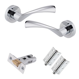 XFORT Polished Chrome Warped Lever On Rose Latch Pack, with Ball Bearing Hinges & A Tubular Latch, Ideal for Internal Wooden Doors for Home and Office.