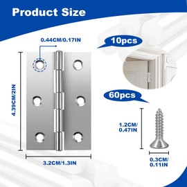 10PCS Hinges for Wood Silver Stainless Steel Hinges 2Inch Small Hinges Folding Butt 6 Holes Internal Door Hinges for Cabinet Door or Internal Doors Window Box with 60 Screws