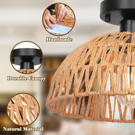 Rattan Ceiling Light Fixtures 2 Packs, Rustic Woven Basket Flush Mount Ceiling Light, Handmade Wicker Ceiling Lamp, Rattan Chandelier For Kitchen Island, Hallway, Living Room, Bedroom, E26 Base