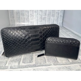 GUODI TK-AB20LW3 Long Wallet, Round Zipper, Card Case, Diamond Python Genuine Leather (Snake Genuine Leather), Black