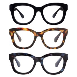 AMOMOMA 3 Pack Retro Oversized Reading Glasses for Women Blue Light Blocking Computer Readers Spring hinge AM6003 with Black+Brown+Blue Tortoise Frame 1.50 x