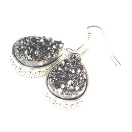 SILVER Vintage Style Silver Gray Grey Titanium Druzy Teardrop Earrings