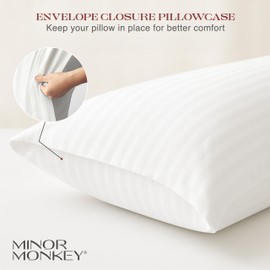 Minor Monkey 100% Egyptian Cotton Damask Striped Pillowcases Set of 2 – King Size, 1000 Thread Count Luxury Cooling Soft Pillow Covers, Fade Resistant Hotel Quality Pillowcase for Comfy Sleep - White