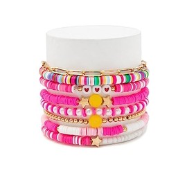 Pingyongchang 8Pcs Heishi Surfer Bracelets Set Colorful Preppy Happy Smile Stackable Evil Eye Beaded Stretch Boho Clay Y2K Kidcore Aesthetic Bracelets for Women Men, 18 Cm, Metal, no gemstone