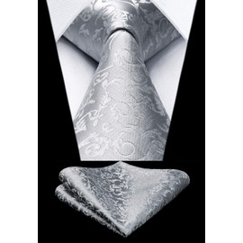 Hisdern Men's Floral Wedding Waistcoat, Tie and Handkerchief Set, Jacquard Waistcoat Suit Set, silver-grey