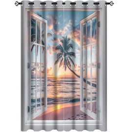 HDESDIS Sunset Ocean Beach Blackout Curtains for Bedroom Living Room, Tropical Palm Tree Window Thermal Insulated Curtains Window Drapes with Grommet, 21W x 63L, 2 Panels