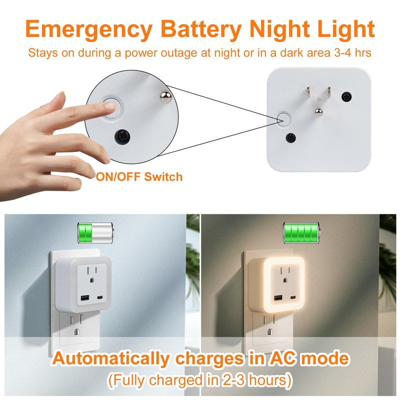 JackonLux Night Lights Plug Into Wall 2 Pack Rechargeable Battery