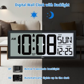 WallarGe Backlight Digital Wall Clock Battery Operated - with Temperature and Date 14.5'' Large Digital Wall Clock, Easy to Read and Set, Auto DST