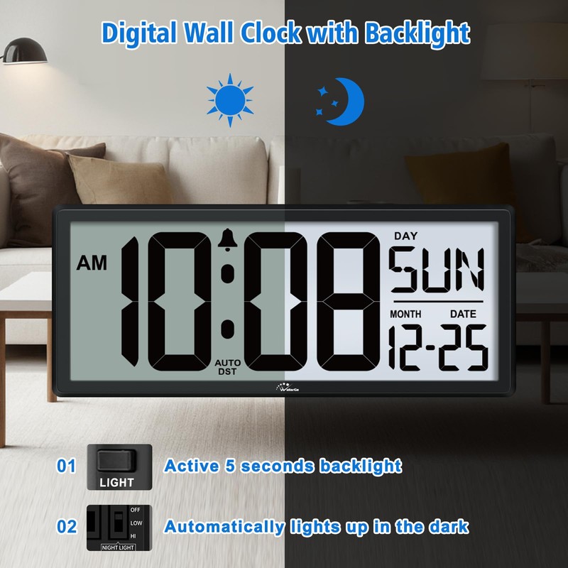 WallarGe Backlight Digital Wall Clock Battery Operated - with Temperature