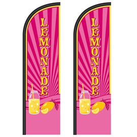 Remagr 2 Pcs Lemonade Sign Feather Flag for Business 12 x 2.5ft Windless Lemonade Banner Swooper Flag for Summer Outdoor Business Food Advertising, Pole Not Included(Pink)
