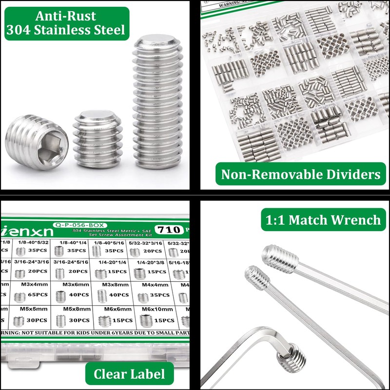 Aienxn 710PCS Metric +SAE 304 Set Screw Assortment Kit, Hex