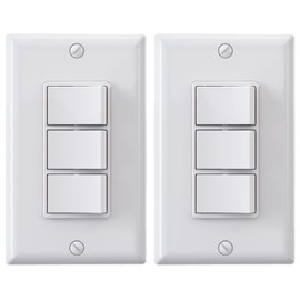 ELEGRP Decorator Triple Rocker Light Switch, Electrical Three Single Pole Paddle Switch, 15A, 120V, in-Wall On/Off, Self-grounding, Wall Plate is Included, UL Listed (2 Pack, Glossy White)