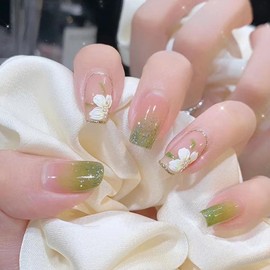 Boloshine Pack of 24 Press on Nails Medium Camellia Dream Landscape Square Natural Acrylic Artificial Nails, Full Cover Fingernails for Sticking on for Women Girls Nail Art